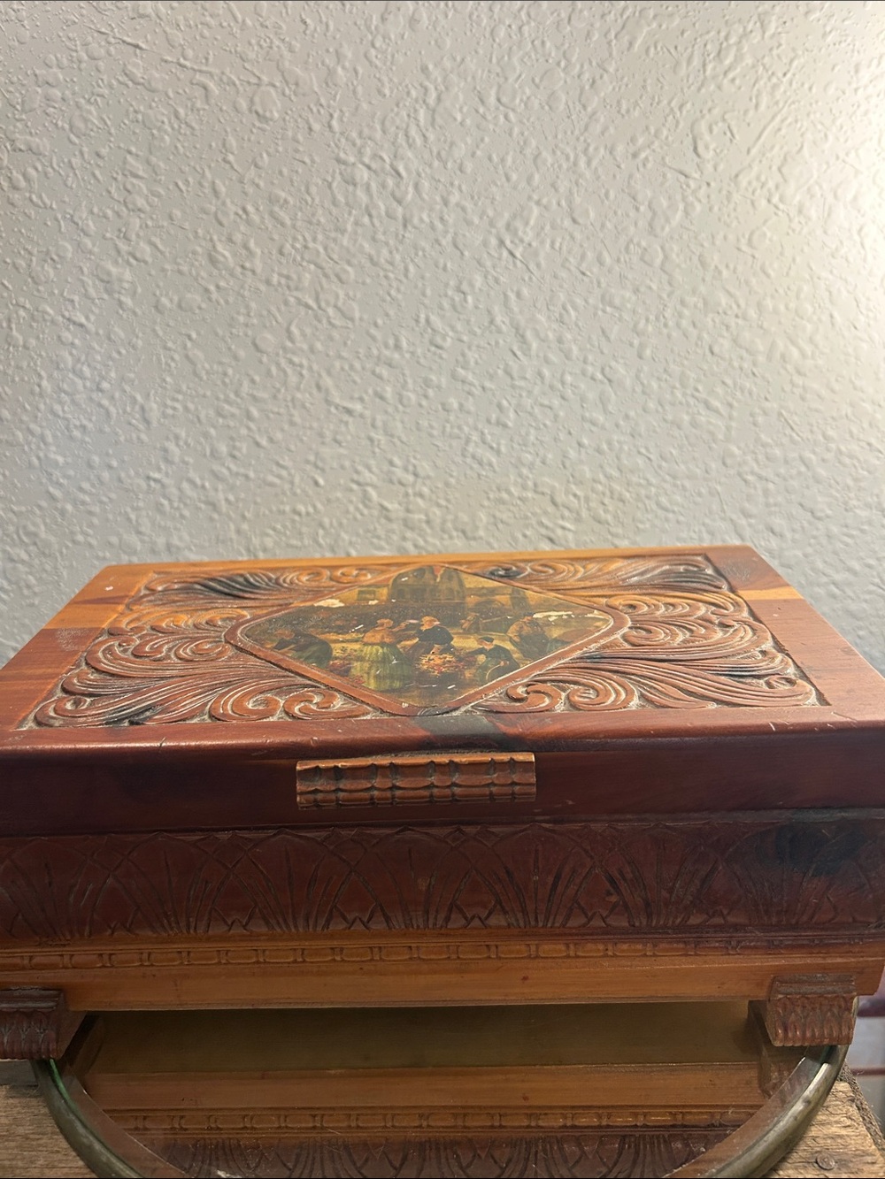 Hand-Carved Wooden Decorative Cedar Box in Warm Brown and Tan Cottage Core